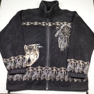Vintage Bear Ridge Outfitters Fleece Jacket Men XXL Black Wolf Dreamcatcher USA